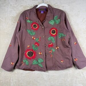 Tapestry Patch Sunflower Dragonfly Embroidered Jacket Purple Button Up Women's L